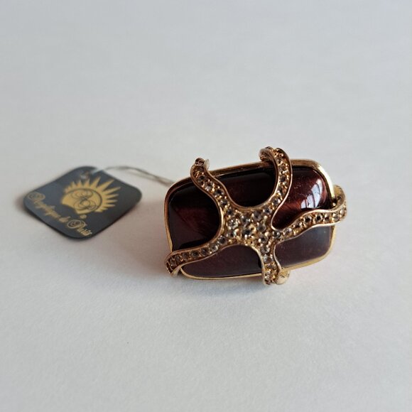 New Angelique de Paris Gold Plated Red Brown Tigereye Cage Ring Size 7 - Picture 3 of 16